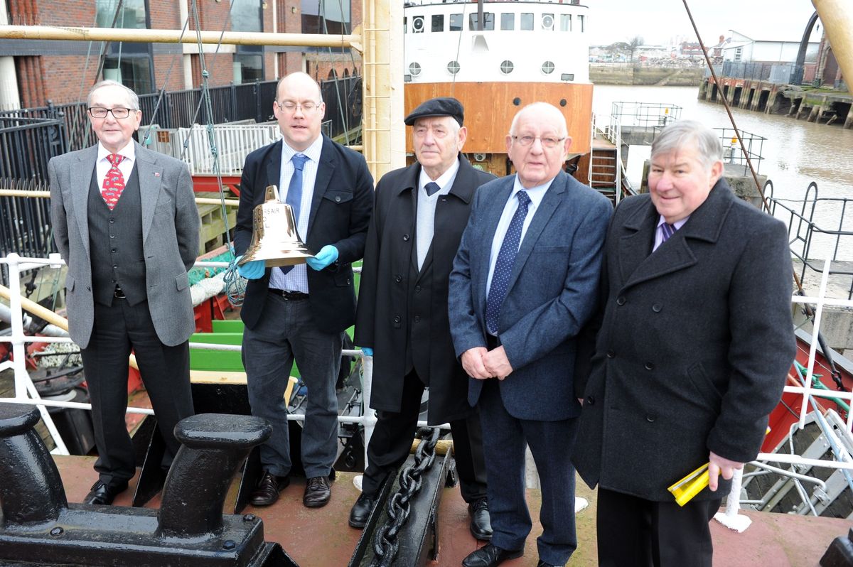 From left,Vic Wheeldon, Tom Goulder, Peter Burrows, Ron Wilkinson and Ron Bateman with the bell from the Arctic Corsair they were taking on a trip to Iceland as part of twinning and for a documentary, in 2017