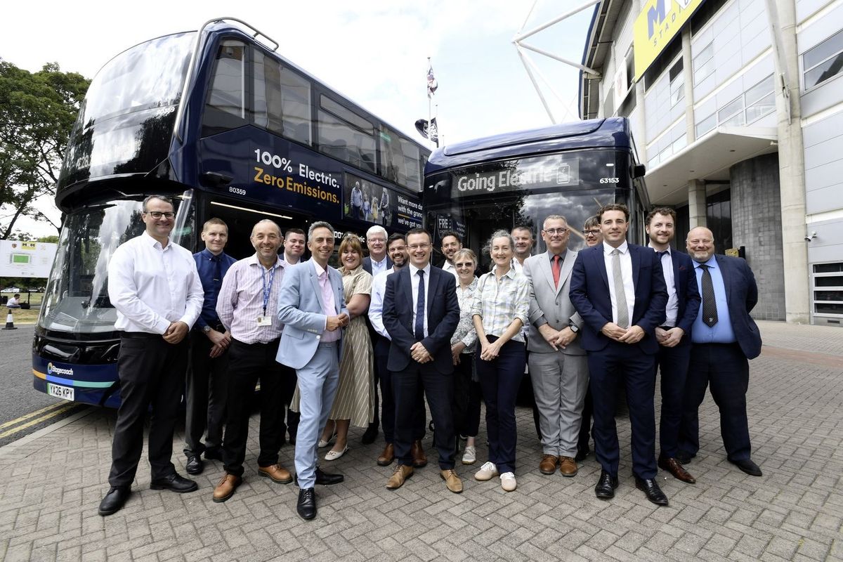 Matt Cranwell, managing director of Stagecoach East Midlands, and delegates at the launch of the fleet at MKM Stadium