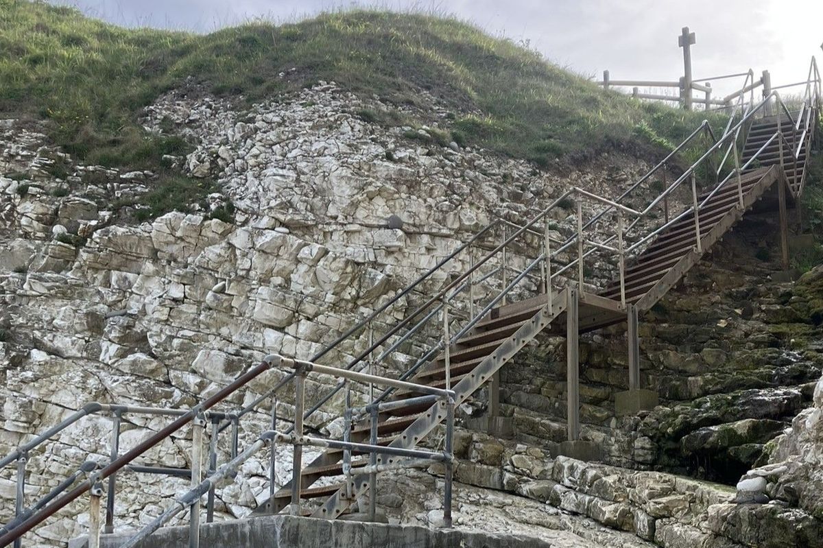 The closed steps down to Selwicks Bay at Flamborough
