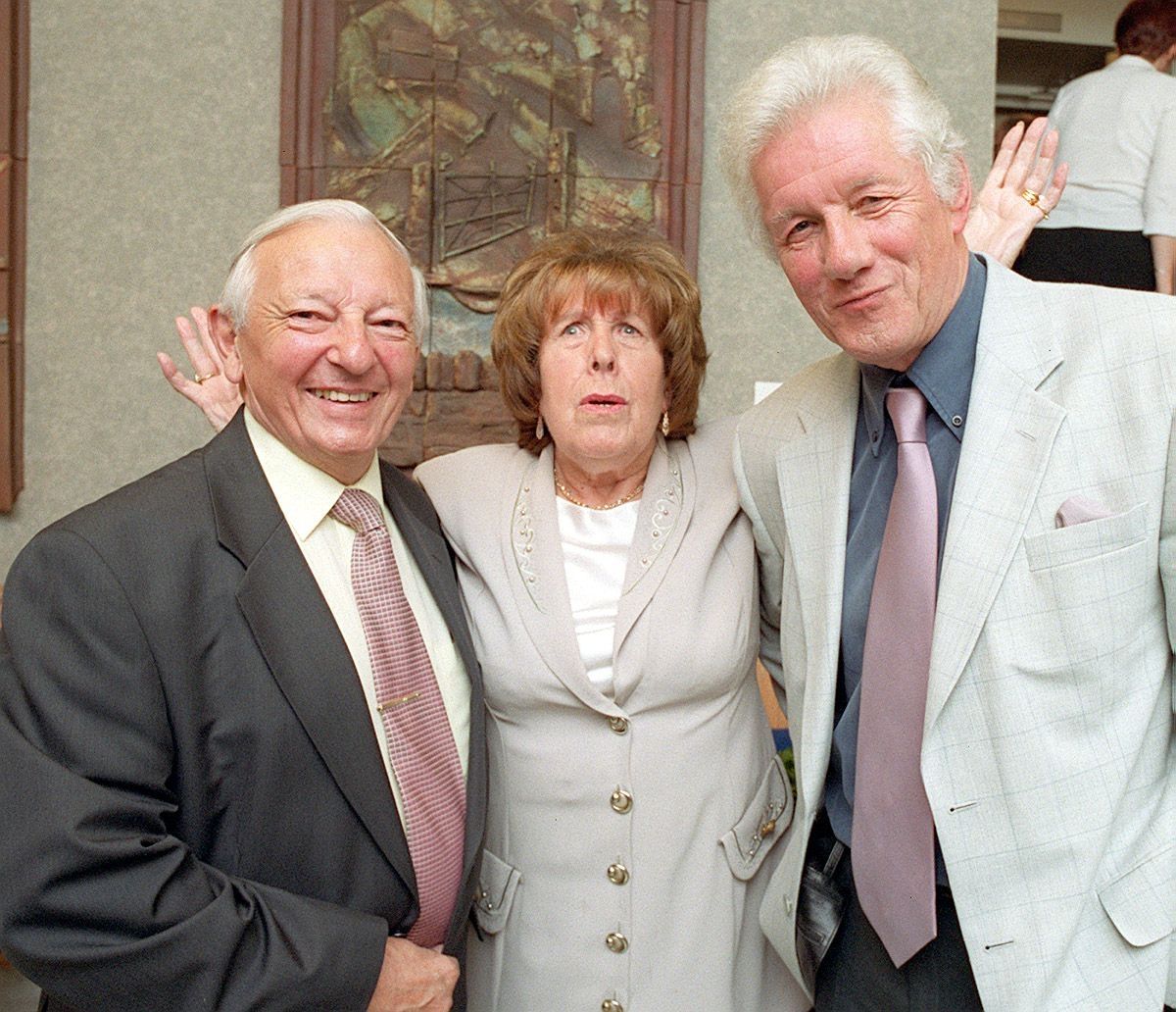 Roy Clarke, right, pictured with John Staff and Last of the Summer Wine actress Kathy Staff at a 30th anniversary dinner to honour the TV sitcom, in Holmfirth